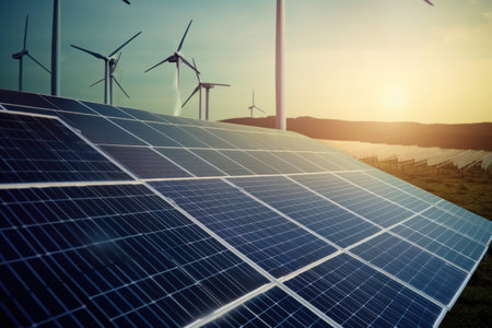 Solar panels and wind turbines at sunset. alternative energy sources. Toned.の素材