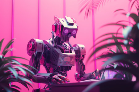 Robot in a pink room with palm leaves. 3d renderingの素材