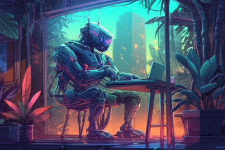 Robot sitting on a chair and working on a laptop at nightの素材