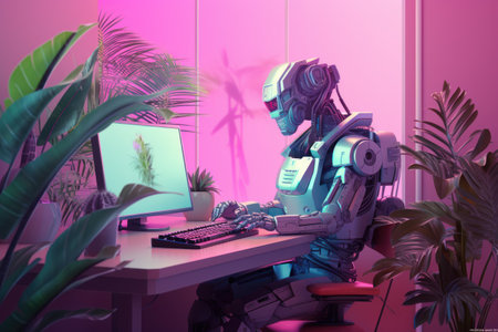 3D rendering humanoid robot working in the office at night. artificial intelligence concept.の素材