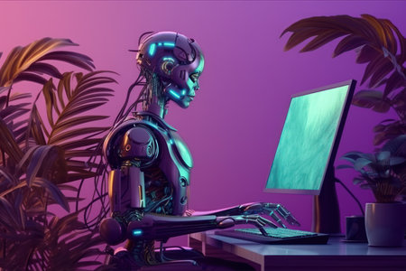 3D rendering of a female robot working in a home office.の素材