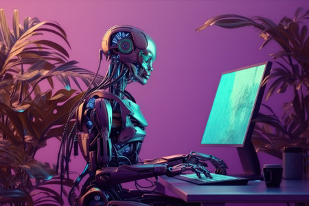 Robot working on a desktop computer. 3d rendering, 3d illustration.の素材