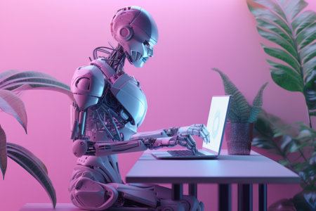 3d rendering humanoid robot working with laptop computer in home office.の素材