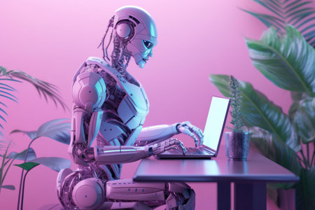 3d rendering humanoid robot working with laptop computer in modern office.の素材