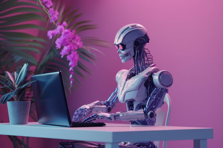 Robot working on laptop at table in office. 3d renderingの素材