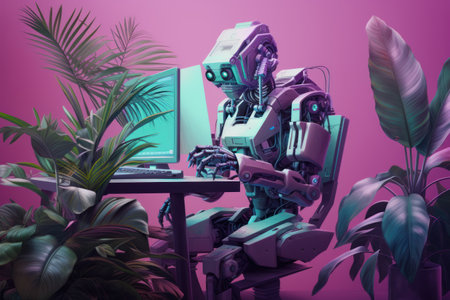 3d rendering robot working in the office with green plant on backgroundの素材