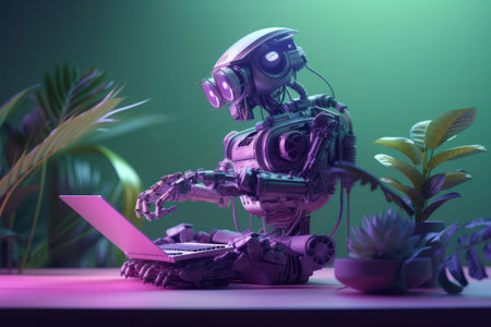 Robot working on a laptop computer. artificial intelligence concept. 3D Renderingの素材