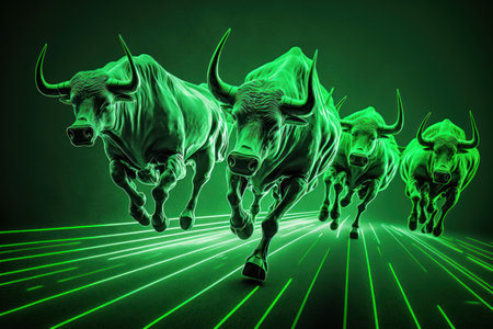 3d rendering of a herd of cows running in a green lightの素材