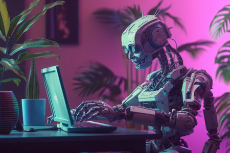Robot working on a computer in a dark room. 3d rendering.の素材