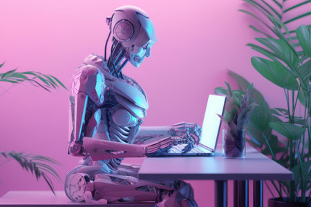 Robot working with laptop on table in office. 3d renderingの素材