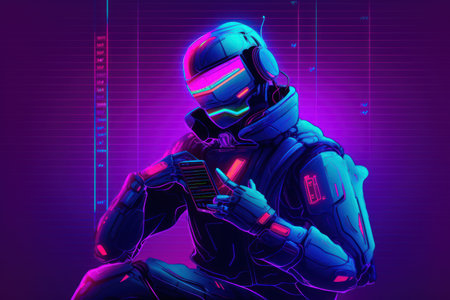 Cyborg in neon light. Futuristic cyberpunk style. vector illustration.の素材