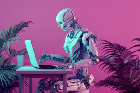 3D rendering of a female robot working on a laptop at homeの素材