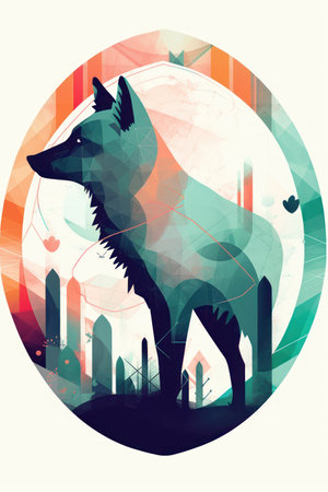 Illustration of a wolf in the city. geometric background.の素材