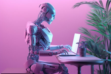 Futuristic robot working on a laptop. 3d rendering.の素材