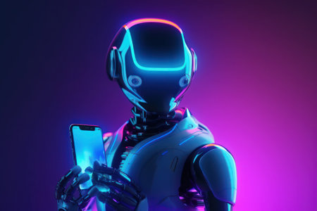 Cyborg with mobile phone in neon light. 3D rendering.の素材