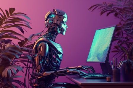 3d rendering robot working with computer in dark room with green plantsの素材