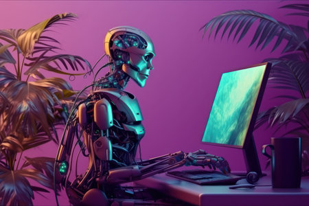 3d rendering humanoid robot working on laptop computer in office at nightの素材