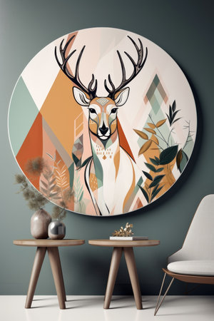 Modern scandinavian interior design. Minimalist living room with a round frame, a round mirror and a deer. 3d rendering.の素材