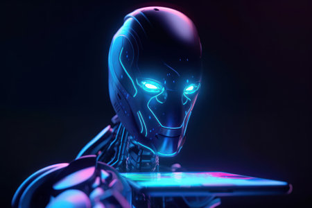 Cyborg tablet pc on black background. 3D rendering.の素材
