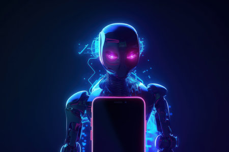 3d rendering humanoid robot with smartphone in neon light on dark backgroundの素材