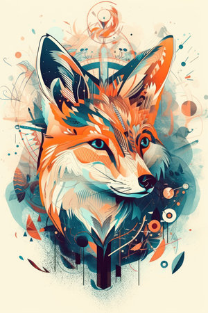 Vector illustration of a fox head with abstract background and music notes.の素材