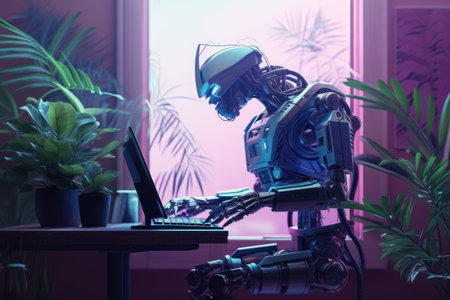 Robot working on laptop computer at home. 3D rendering.の素材