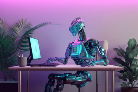 Robot working with laptop at table in office. 3d renderingの素材
