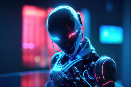 Cyborg with glowing neon lights on a dark background. 3d renderingの素材