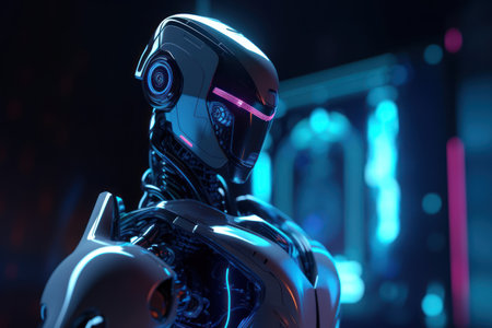 3d rendering humanoid robot with artificial intelligence concept on dark technology backgroundの素材