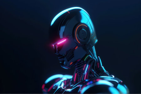 3D rendering of a female robot isolated on black background with neon lightsの素材