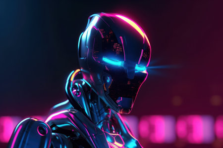 Robot cyborg in neon light. artificial intelligence concept. 3D Renderingの素材