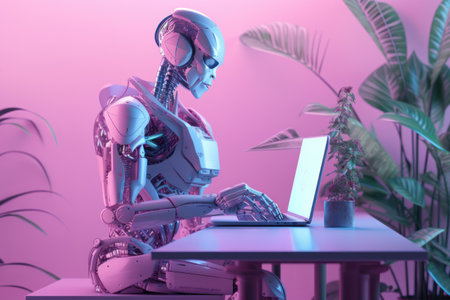 Robot working on laptop computer in office. artificial intelligence concept. 3D Renderingの素材