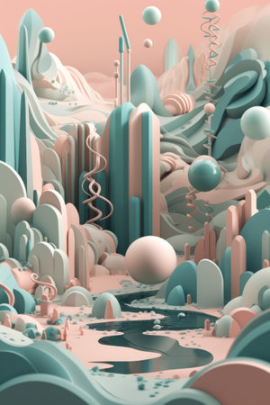 3d illustration of abstract geometric composition in pastel colors. Minimalist landscape design.の素材
