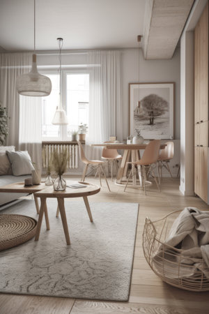 Interior of modern living room with stylish sofa and dining table. nobody insideの素材