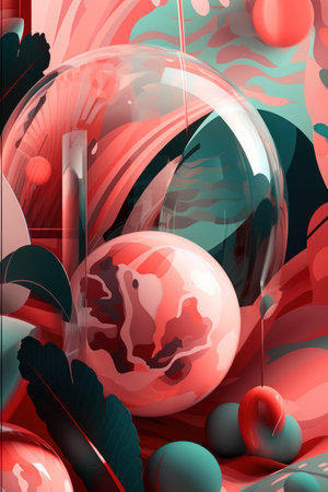 abstract 3d illustration of red background with geometric shapes and ballsの素材