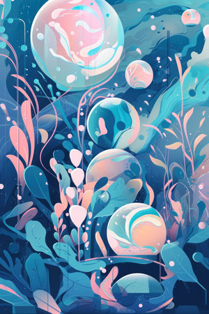 Seamless vector pattern with abstract plants and bubbles. hand-drawn illustration.の素材