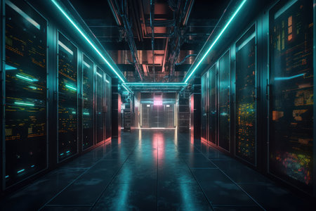 3d rendering of server room with bright neon lights and data centerの素材