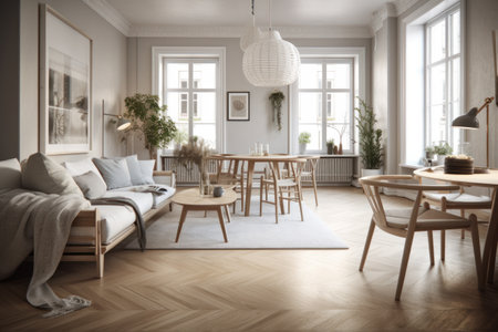 Modern living room interior design with sofa, coffee table and chairs. 3d renderingの素材