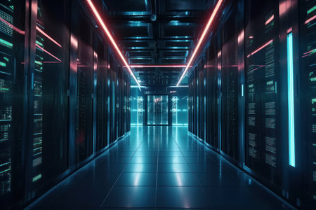 Dark server room with bright glowing neon lights. 3D Renderingの素材