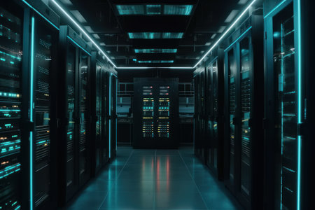 server room data center. Backup, mining, hosting, mainframe, farm and computer rack with storage information. 3d renderingの素材