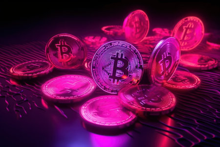 Bitcoin. Cryptocurrency. Gold coins with bitcoin symbol on a dark background.の素材