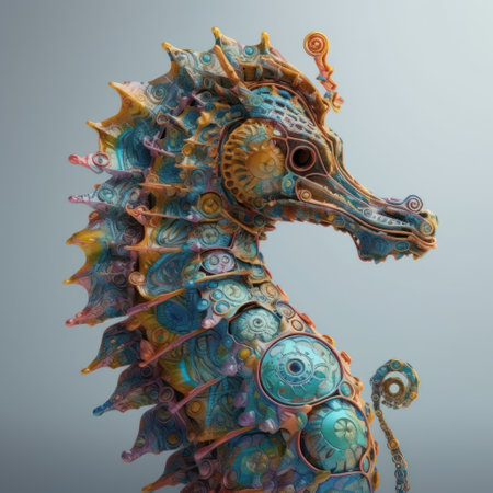 3D rendering of a seahorse on a gray background.の素材