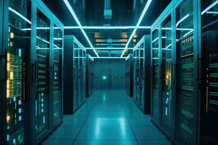 server room data center with rows of server racks. 3d renderingの素材