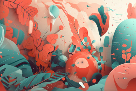 3d illustration of abstract background with tropical plants and flowers in grunge styleの素材