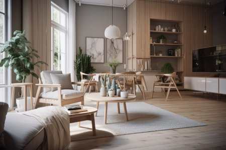 Interior of modern living room with wooden furniture, armchairs and coffee tableの素材