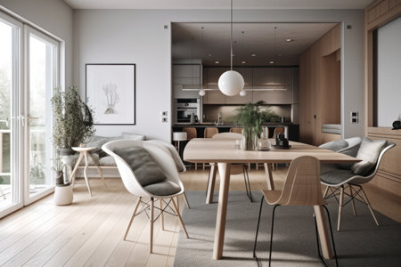 Modern living room interior with dining table and chairs. 3d renderingの素材