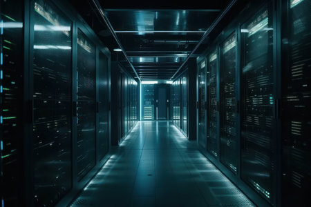 server room data center with rows of server racks. 3d renderingの素材