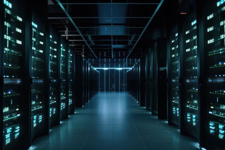 server room data center with rows of server racks. 3d renderingの素材