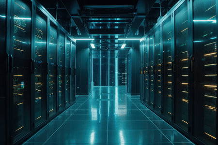 server room data center with rows of server racks. 3d renderingの素材