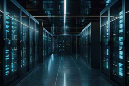 server room data center with rows of server racks. 3d renderingの素材